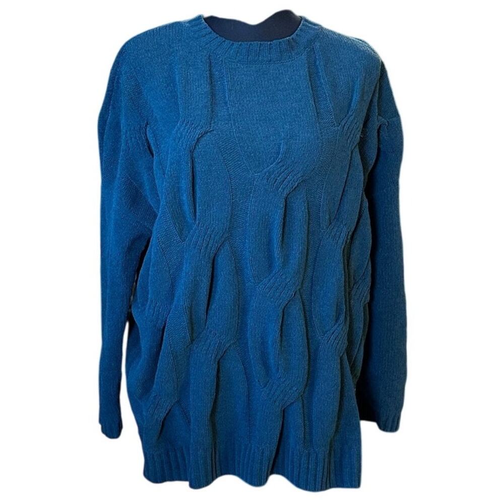 J. Jill Women’s Chenille Cable Knit Sweater M Teal Blue Chunky Crewneck - Picture 2 of 9